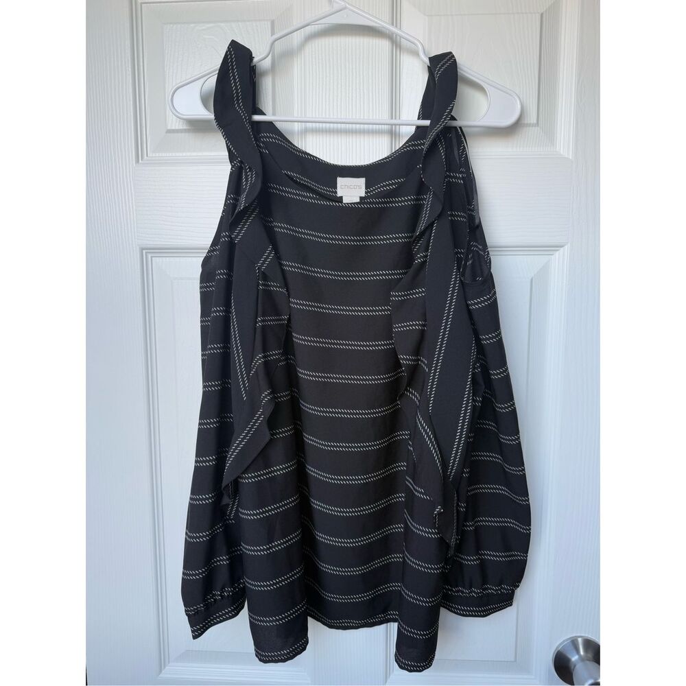Chico's Blouse Large Women's Size 2 Black White Stripe Cold Shoulder